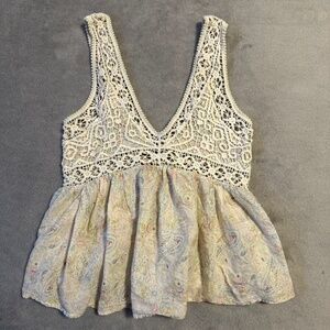 Zara Tank Top XS Crochet Peplum Boho Chic Hippie Festival V-Neck Tie-Back Cream